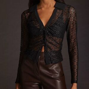 Anthropologie Maeve Sheer Lace Button-down Black